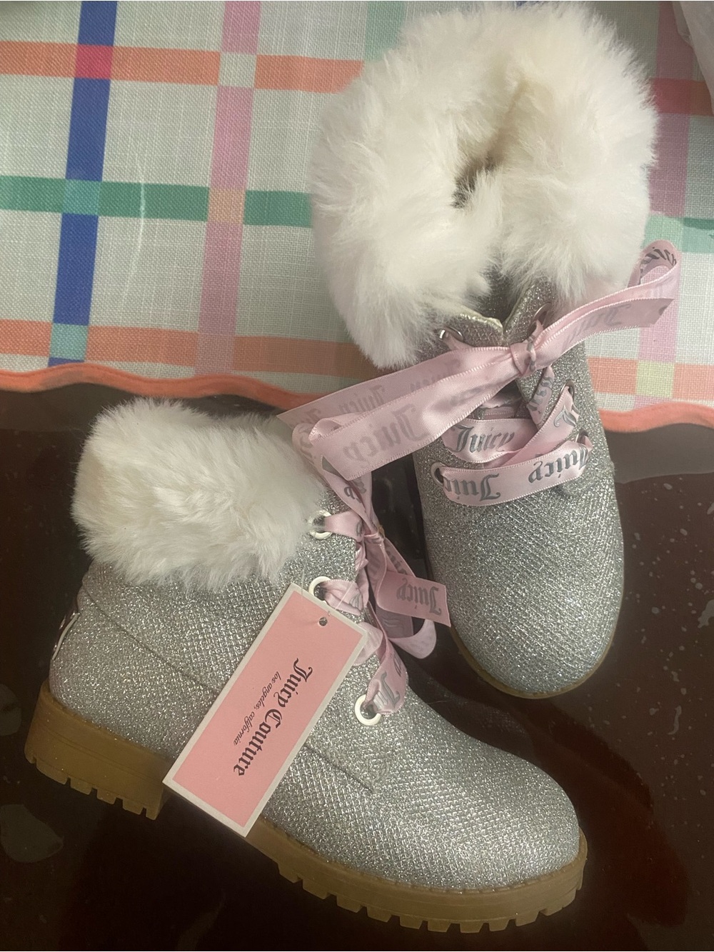 Juicy Couture Silver Glitter Kids Boots with Pink Ribbon & White Soft Faux Fur